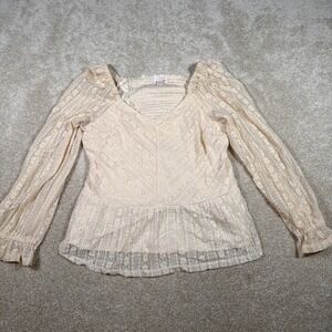 Lauren Conrad Lace Peplum Blouse Womens Large Cream Sheer Boho Romantic Fairy